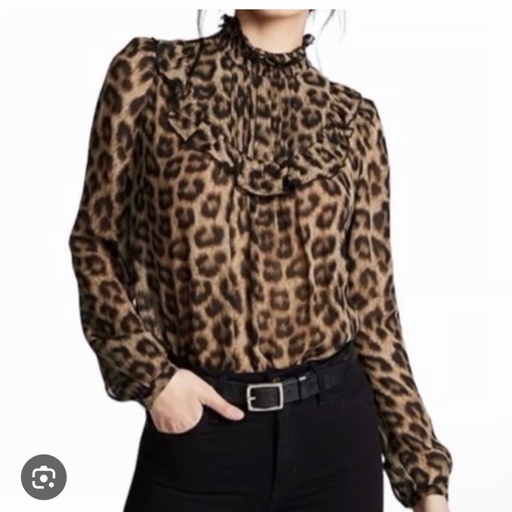 ba&sh Animal Print leopard ruffle mock neck blouse 1